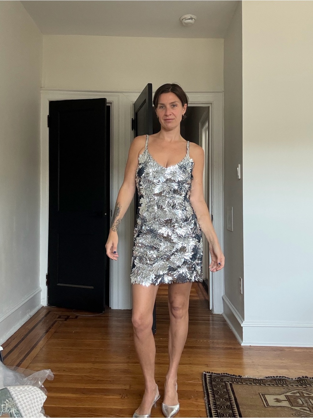 Nadine Merabi Floral 3D Sequin Mini Dress in Silver
